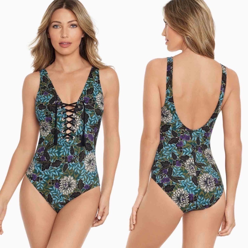 NWT Miraclesuit Amoresa Rhiannon Gypsy Lace Up Floral One Piece Swimsuit